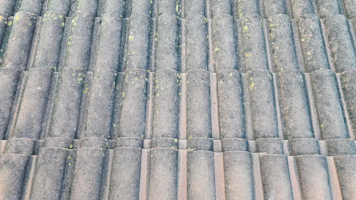 Close-up of grey profiled concrete roof tiles with weathered, slightly gritty surfaces and small spots of lichen