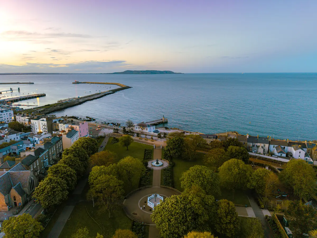 Aerial view of Dun Laoghaire harbour and seafront at twilight
