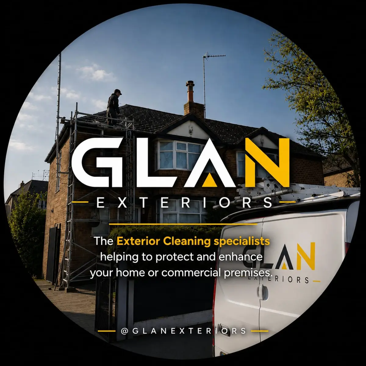 A Glan Exteriors van outside a house with roof cleaning under way behind it